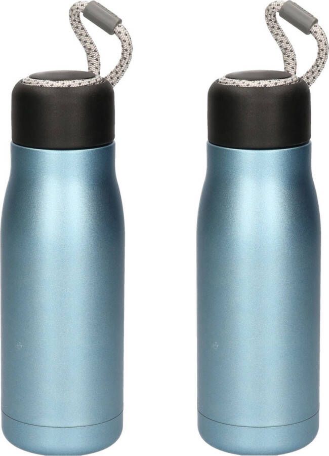 Shoppartners 2x stuks RVS thermosflessen isoleerflessen voor onderweg 420 ml blauw Thermosflessen