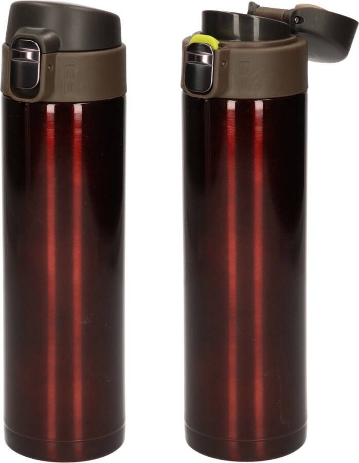 Shoppartners 2x stuks RVS thermosflessen isoleerflessen voor onderweg 450 ml kastanje bruin Thermosflessen