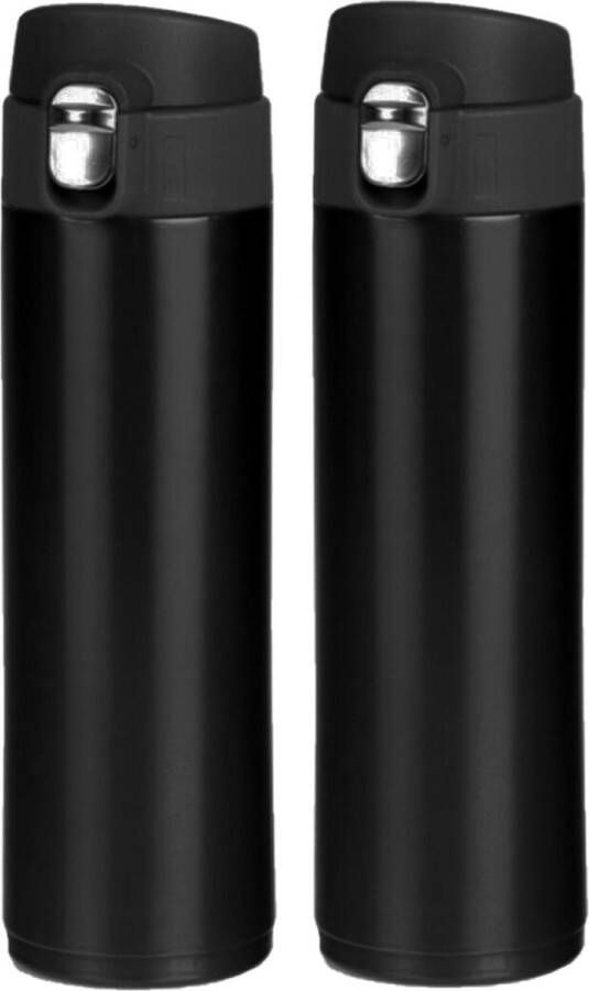 Shoppartners 2x stuks RVS thermosflessen isoleerflessen voor onderweg 450 ml zwart Thermosflessen