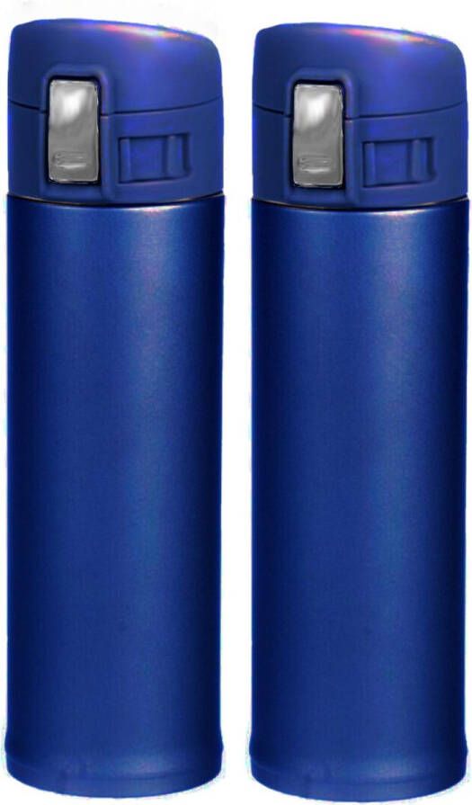 Shoppartners 2x stuks RVS thermoflessen isoleerflessen voor onderweg petrol blauw 450 ml Thermosflessen