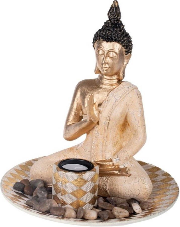 Concord Boeddha beeld met waxinelichthouder goud 25 cm Boeddha beeldjes voor binnen gebruik