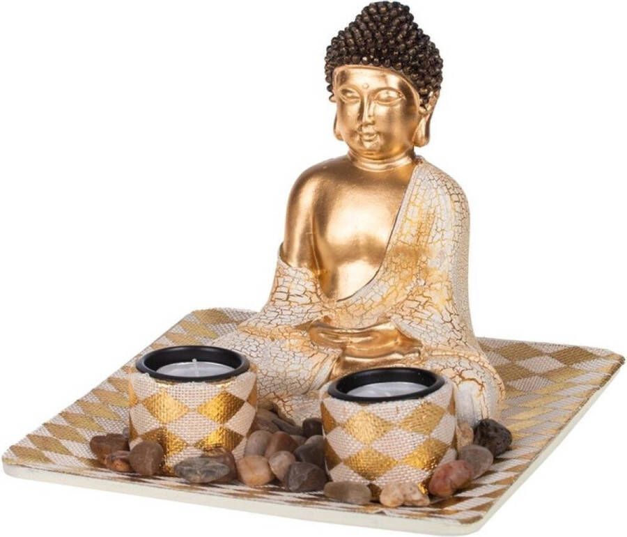 Concord Boeddha beeld met waxinelichthouders goud 21 cm Boeddha beeldjes voor binnen gebruik