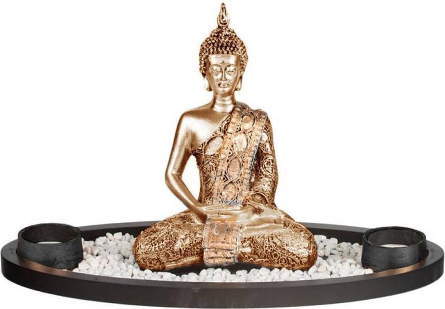 Concord Boeddha beeld met waxinelichthouders goud 33 cm Boeddha beeldjes voor binnen gebruik