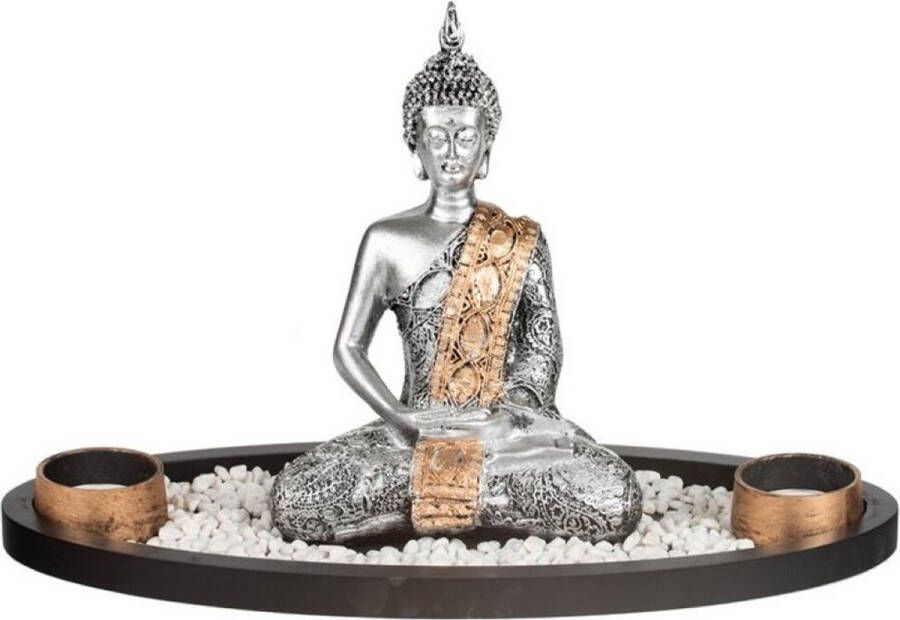 Concord Boeddha beeld met waxinelichthouders zilver 33 cm Boeddha beeldjes voor binnen gebruik