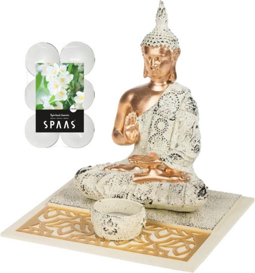 Concord Boeddha beeld voor binnen 19 cm met 12x geurkaarsen Spiritual Jasmin Buddha beeldje met theelichtjes waxinelichtjes