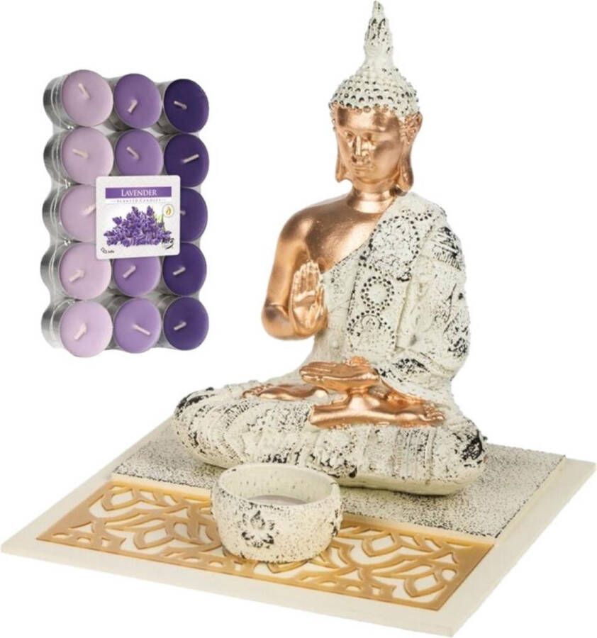 Concord Boeddha beeld voor binnen 19 cm met 30x geurkaarsen lavendel Buddha beeldje met theelichtjes waxinelichtjes
