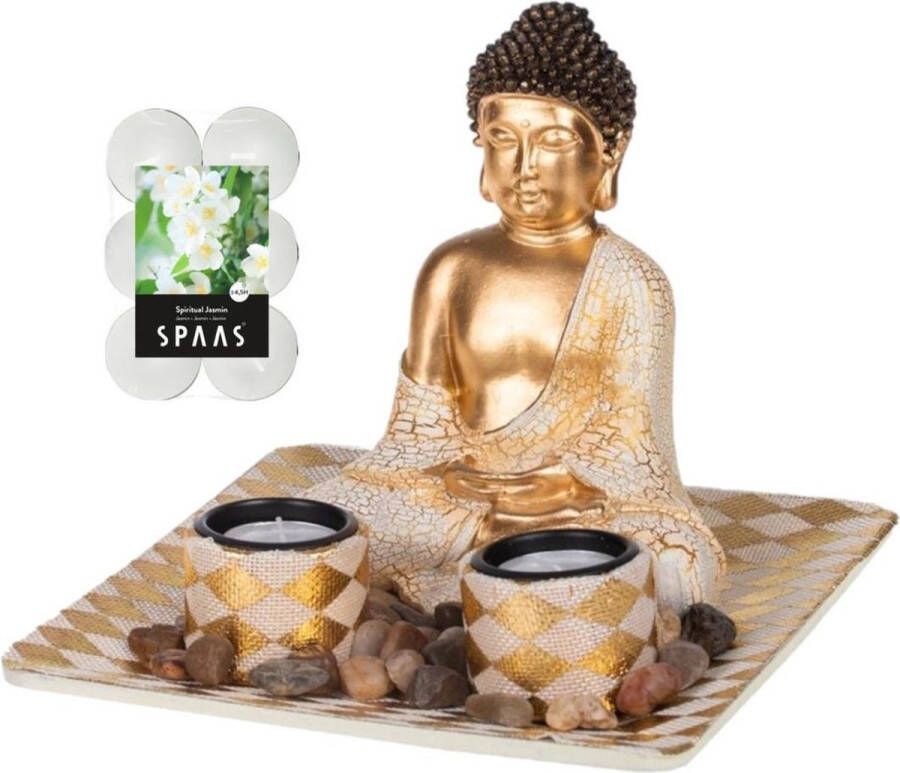 Concord Boeddha beeld voor binnen 21 cm met 12x geurkaarsen Spiritual Jasmin Buddha beeldje met theelichtjes waxinelichtjes