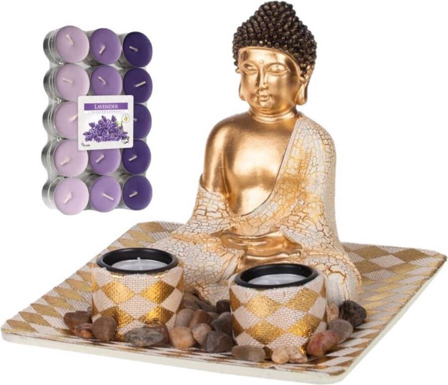 Concord Boeddha beeld voor binnen 21 cm met 30x geurkaarsen lavendel Buddha beeldje met theelichtjes waxinelichtjes