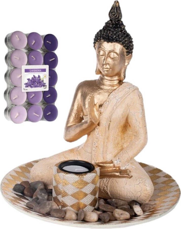 Concord Boeddha beeld voor binnen 25 cm met 30x geurkaarsen lavendel Buddha beeldje met theelichtjes waxinelichtjes