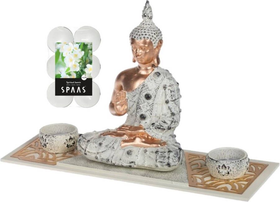 Concord Boeddha beeld voor binnen 33 cm met 12x geurkaarsen Spiritual Jasmin Buddha beeldje met theelichtjes waxinelichtjes