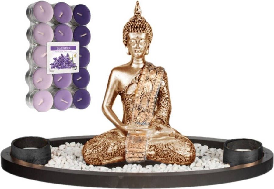Concord Boeddha beeld voor binnen 33 cm met 30x geurkaarsen lavendel Buddha beeldje met theelichtjes waxinelichtjes