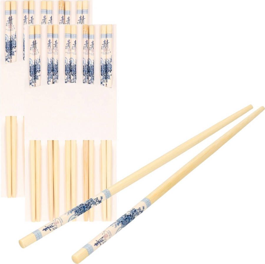 Concord e Sushi eetstokjes 10x setjes bamboe hout blauwe print 24 cm