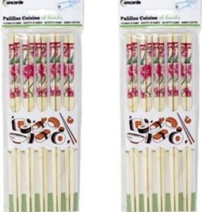 Concord e Sushi eetstokjes 10x setjes bamboe hout roze bloemen print 24 cm