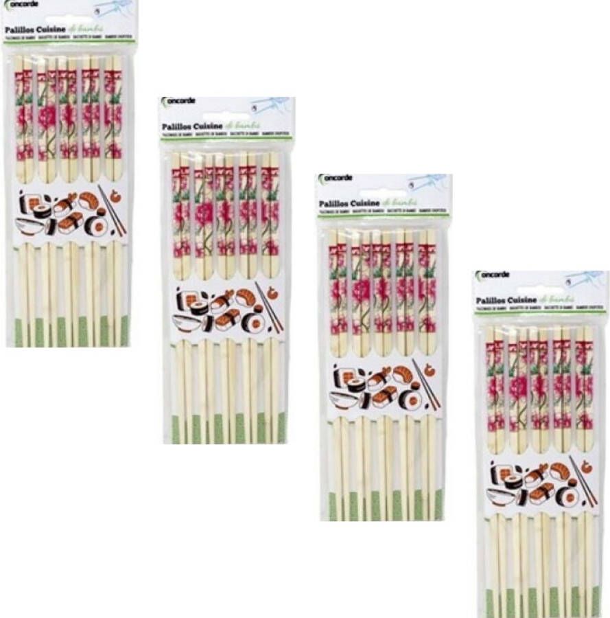 Concord e Sushi eetstokjes 20x setjes bamboe hout roze bloemen print 24 cm