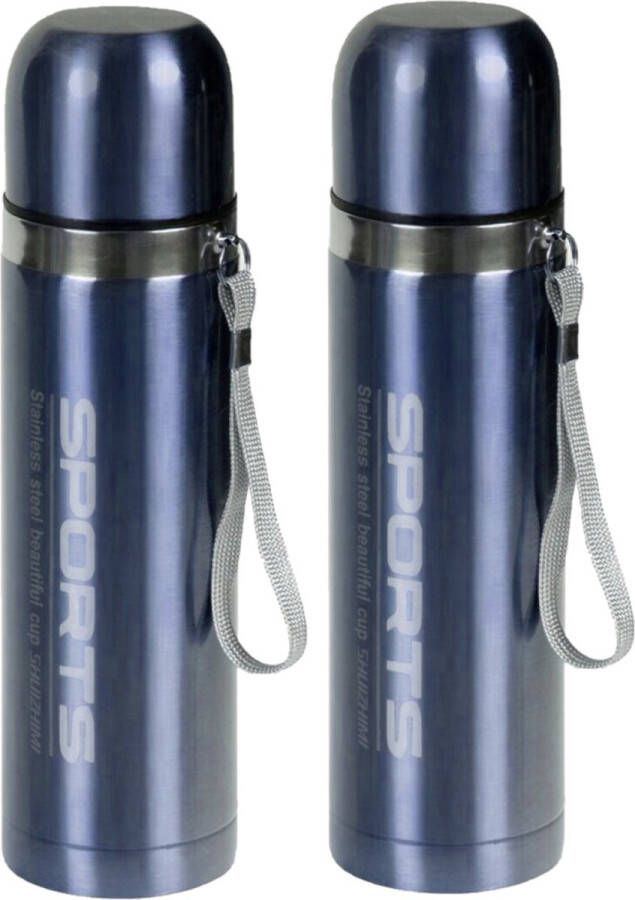 Concorde 2x stuks metallic thermosflessen isoleerflessen RVS voor onderweg lichtblauw 500 ml RVS thermosflessen isoleerflessen