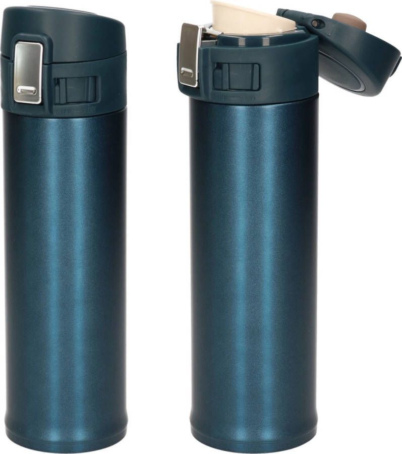 Shoppartners 2x stuks RVS thermoflessen isoleerflessen voor onderweg petrol blauw 450 ml Thermosflessen