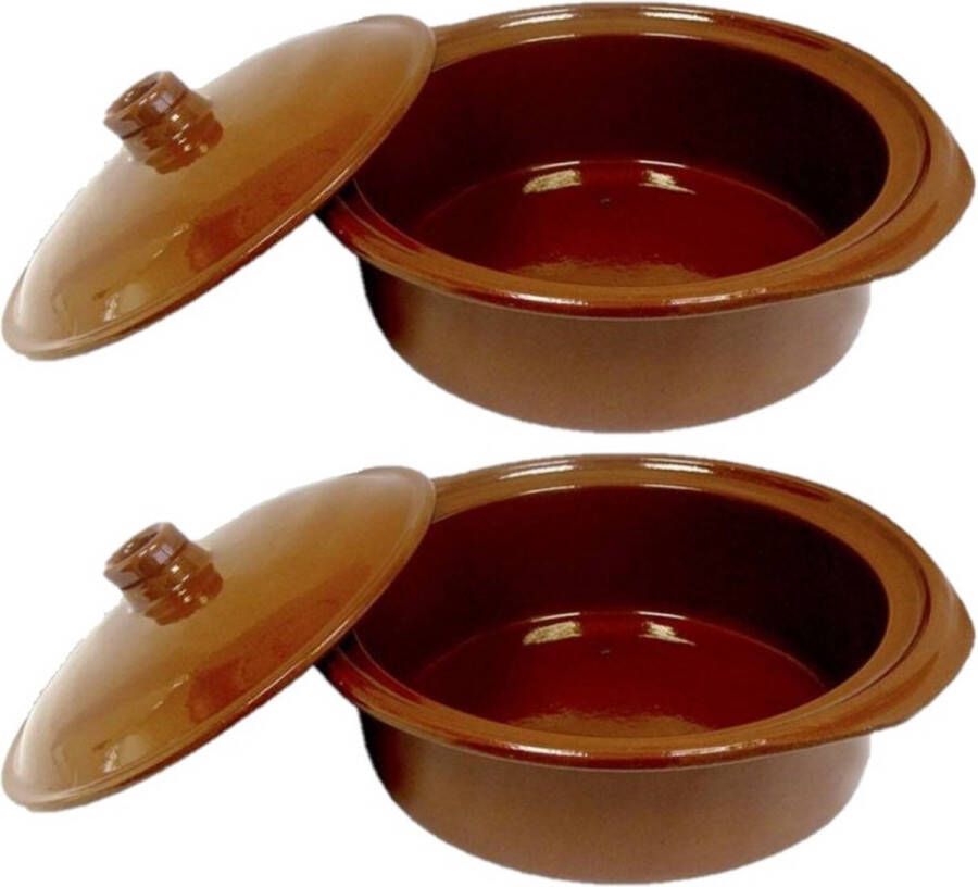 Concorde Set van 2x stuks tapas terracotta ovenschalen stoofpotten cocotte met deksel 28 cm Braadpannen van steen