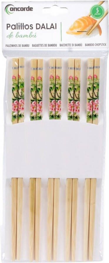 Concorde Sushi eetstokjes 5x setjes bamboe hout groen roze bloemen print 24 cm