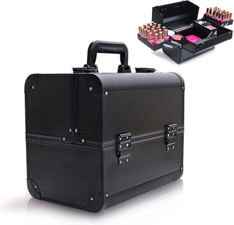 Confibel Cosmetica Koffer Make Up Koffer Uitklapbaar 5 Opbergbakken Make-up koffer Beautycase Visagiekoffer Cosmeticakoffer Beautycase Nagelstylistekoffer Zwart