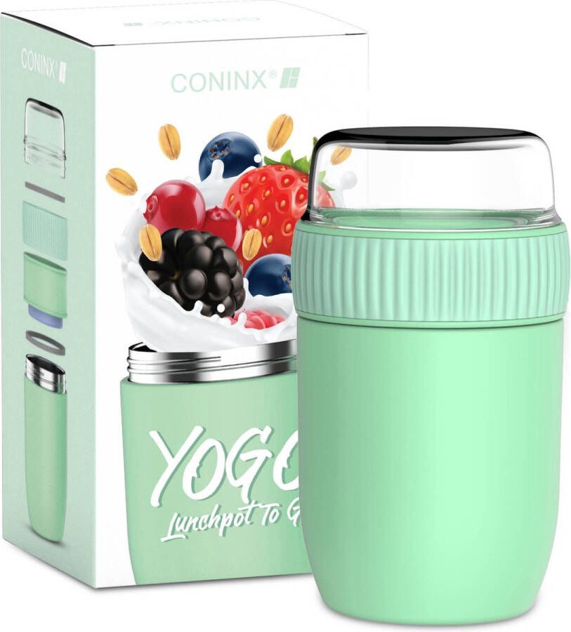 Coninx Thermosbeker RVS Thermos Lunchbox travel mug Muesli beker to go Isoleer lunchpot Yoghurt beker to go Mueslibeker Back to School RVS Groen