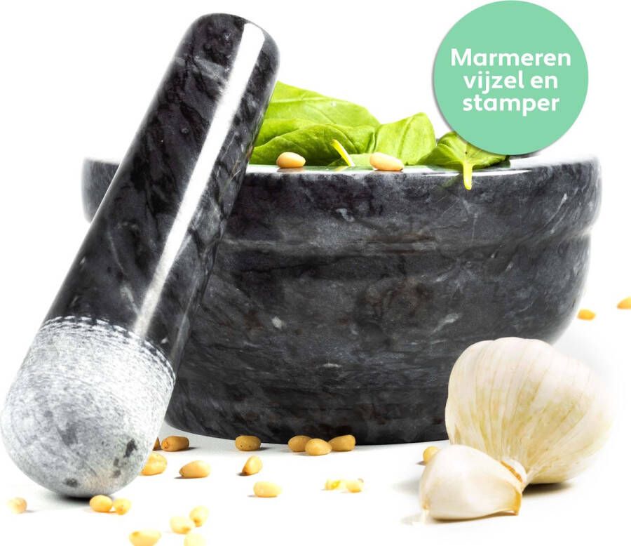 Coninx Vijzel met Stamper Zwart Marmer Kruidenstamper Mortier en Stamper Gepolijst 15 x 8 cm