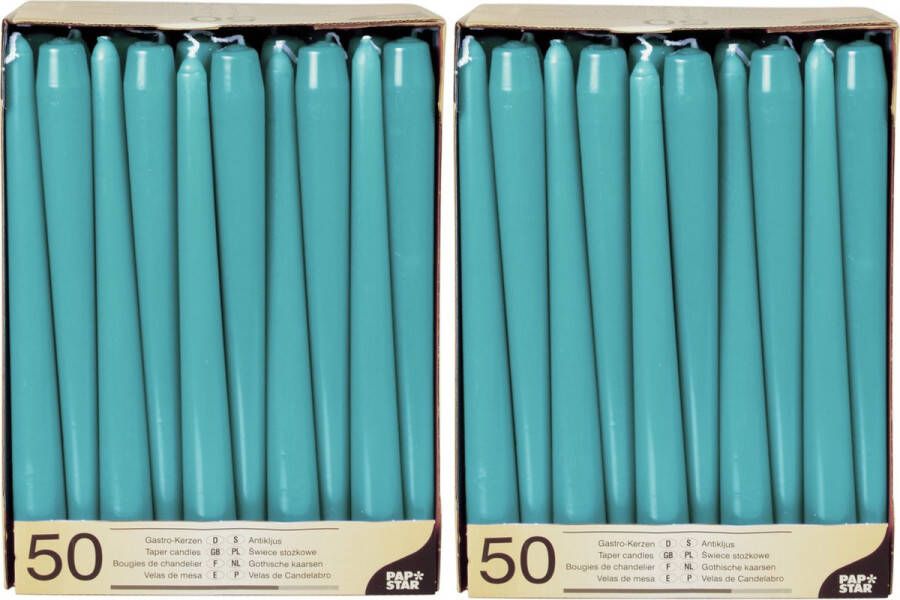 Conpax Candles 100x stuks Voordeelverpakking dinerkaarsen turquoise blauw 25 cm 7 branduren