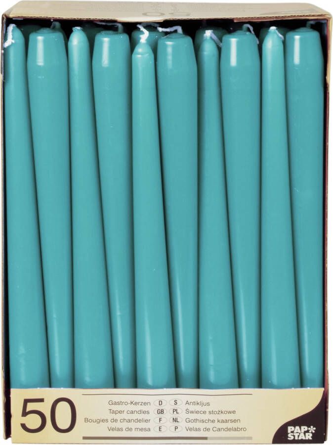 Conpax Candles 50x stuks Voordeelverpakking dinerkaarsen turquoise blauw 25 cm 7 branduren