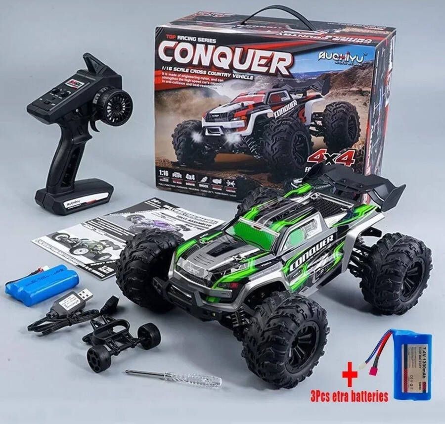 CONQUER RC 1:16 Schaal Grote Rc Cars 50 Km h Hoge Snelheid Rc Auto Speelgoed Voor Jongens Afstandsbediening Auto 2.4G 4WD Off Road Monster Truck Groen Met 3 Extra Batterijen