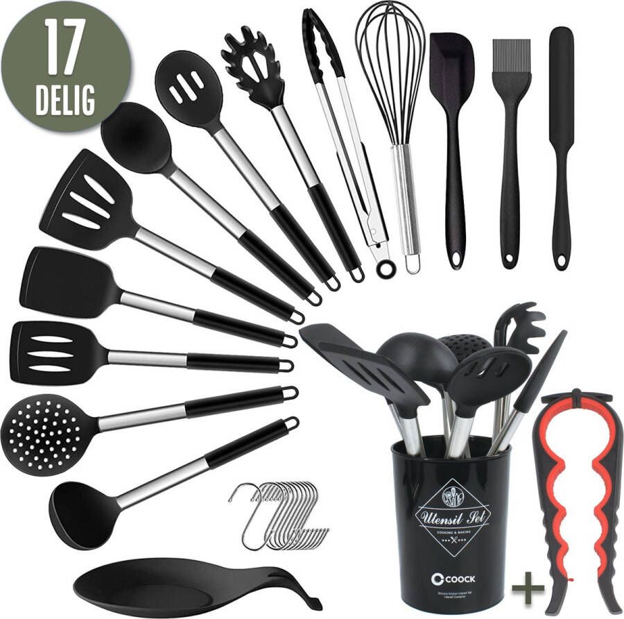 Homewell Keukengerei Set met Houder XL Kookgerei Set van 16 stuks Siliconen BPA-Vrij & Plastic Vrij Ophangbaar Incl. Opener