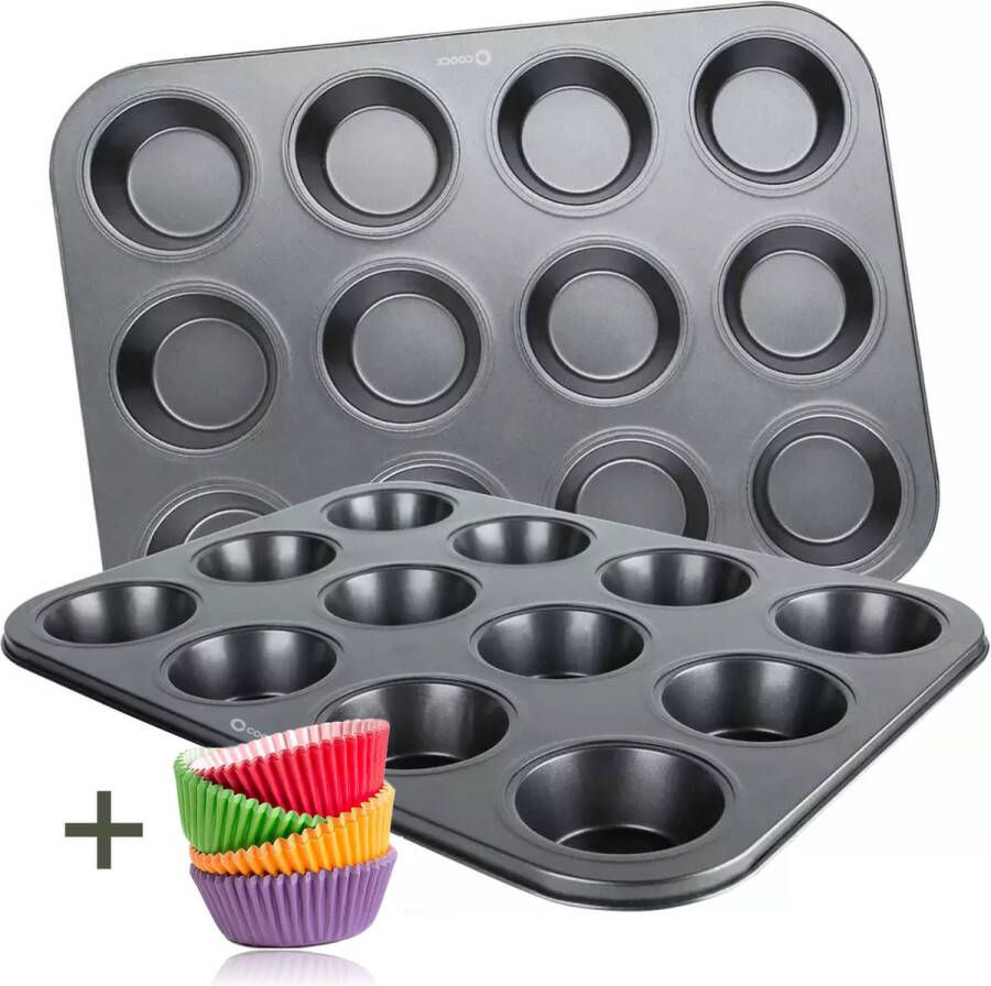 Coock Muffin Bakvorm met 12 Cupcake Vormpjes Non Stick Incl. Papieren vormpjes & E-book