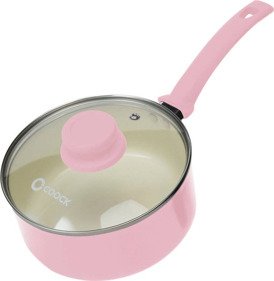 COOCK Steelpan met deksel Inductie 2500ml Speciale Anti-Aanbak Coating Sauspan met Ergonomische Koudgrepen Gerecycled Aluminium Roze Wit Inclusief E-book