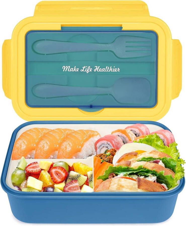 Cooja Bento lunchbox met 3 vakken Blauw geel 1400 ml Broodtrommel met bestek Snackbox voor school werk picknick