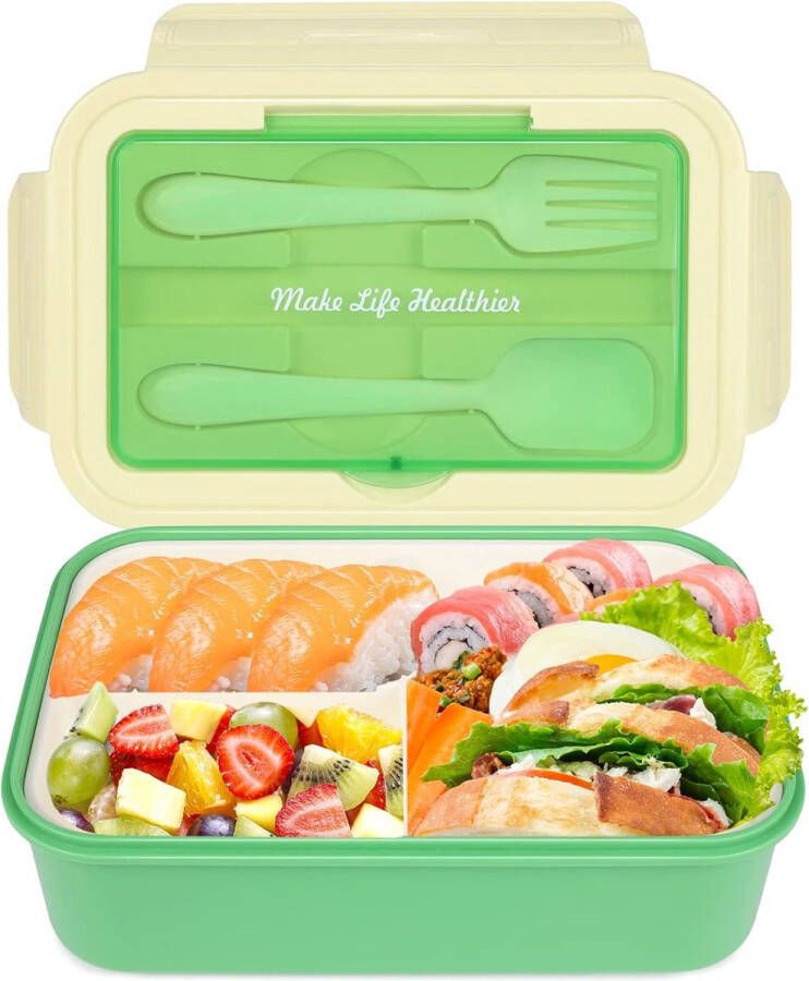 Cooja Bento lunchbox met 3 vakken Groen 1400 ml Broodtrommel met bestek Snackbox voor school werk picknick