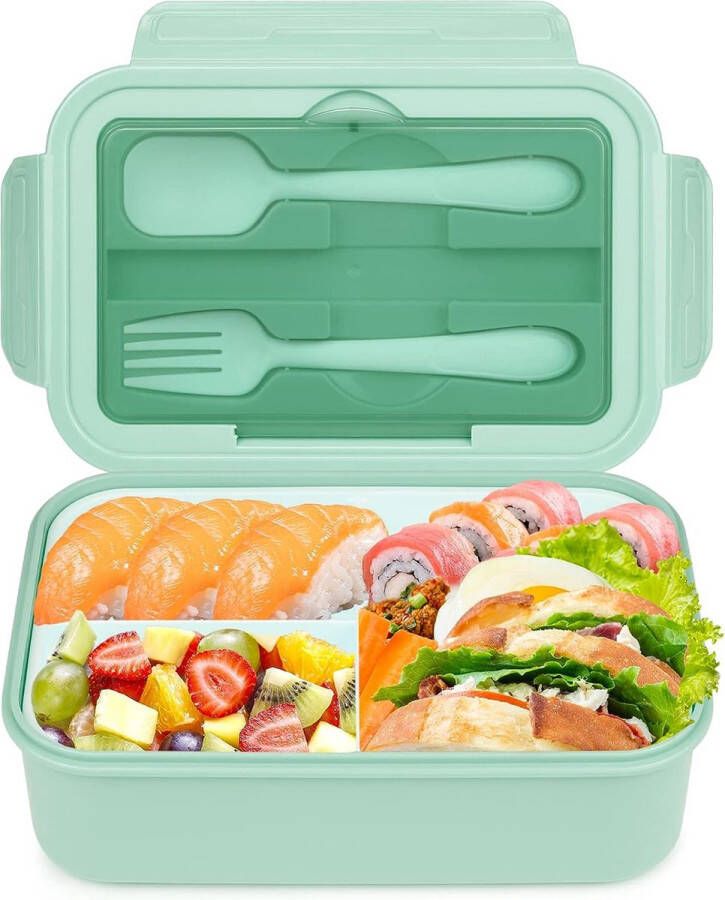 Cooja Bento lunchbox met 3 vakken Lichtgroen 1400 ml Broodtrommel met bestek Snackbox voor school werk picknick