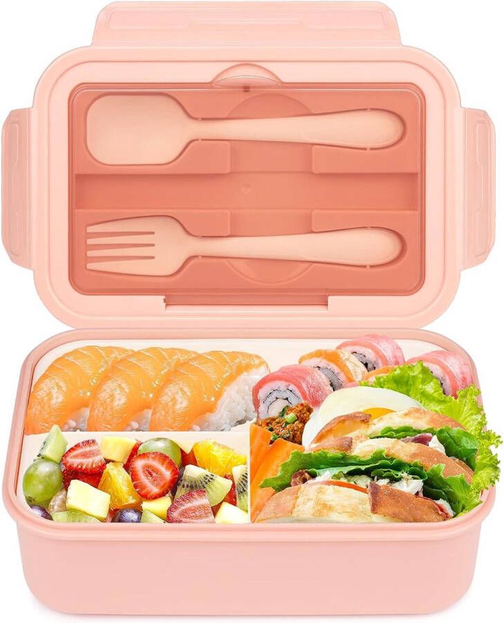 Cooja Bento lunchbox met 3 vakken Roze 1400 ml Broodtrommel met bestek Snackbox voor school werk picknick