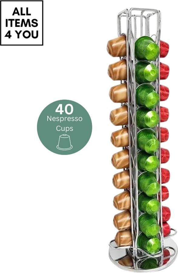 Cook All Items 4 You Draaiende Koffie Capsules Houder Opslag voor Nespresso Ruimte voor 40 Cups Chroom Geplateerd Design (Silver)