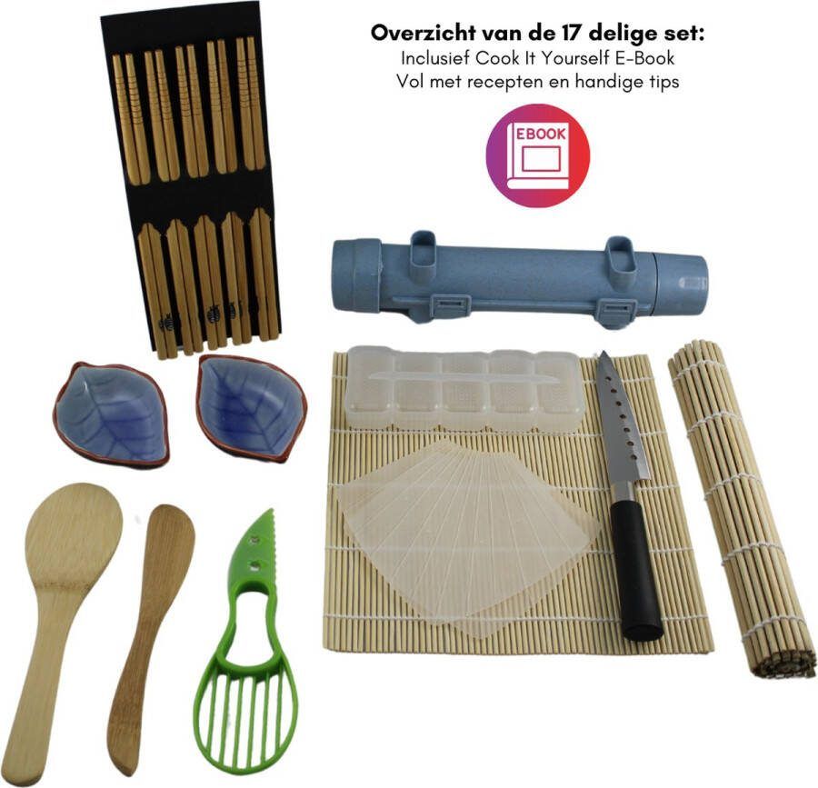 Cook It Yourself Sushi Set Sushi maker Zelf Sushi maken- 17 delig + gratis E-Book vol recepten! Sushi maker kit Sushi Bazooka Japans sushi mes 100% duurzame bamboe