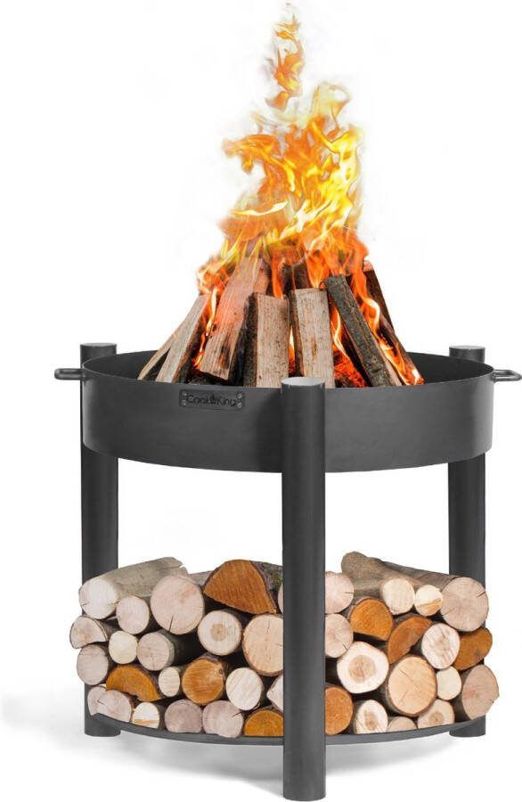 CooKking Vuurschaal Montana 80 cm -70 cm Ingebouwde houtopslag Staal Zwart- Vuurkorf Vuurschaal BBQ Vuurschaal voor buiten Terraskachel Tuinkachel