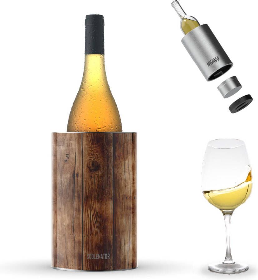 Coolenator Wijnkoeler – Champagnekoeler – Flessenkoeler met Uniek Uitneembaar Vrieselement – Hoogwaardig Aluminium – Wood