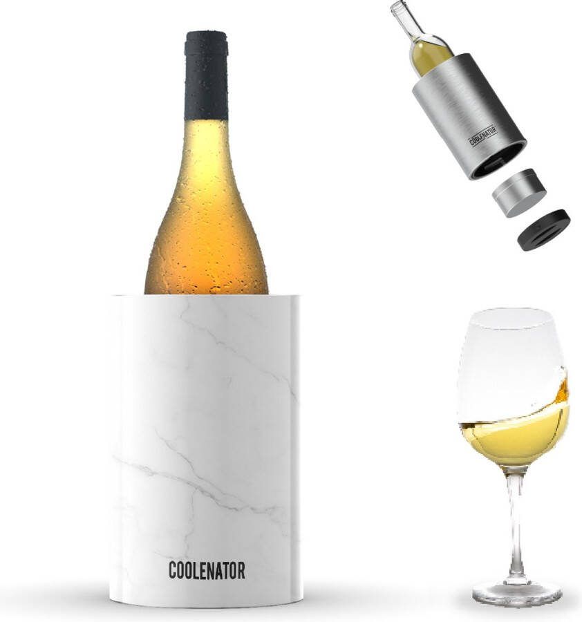 Coolenator Wijnkoeler – Champagnekoeler – Flessenkoeler met Uniek Uitneembaar Vrieselement – Hoogwaardig Aluminium – Wit Marmer