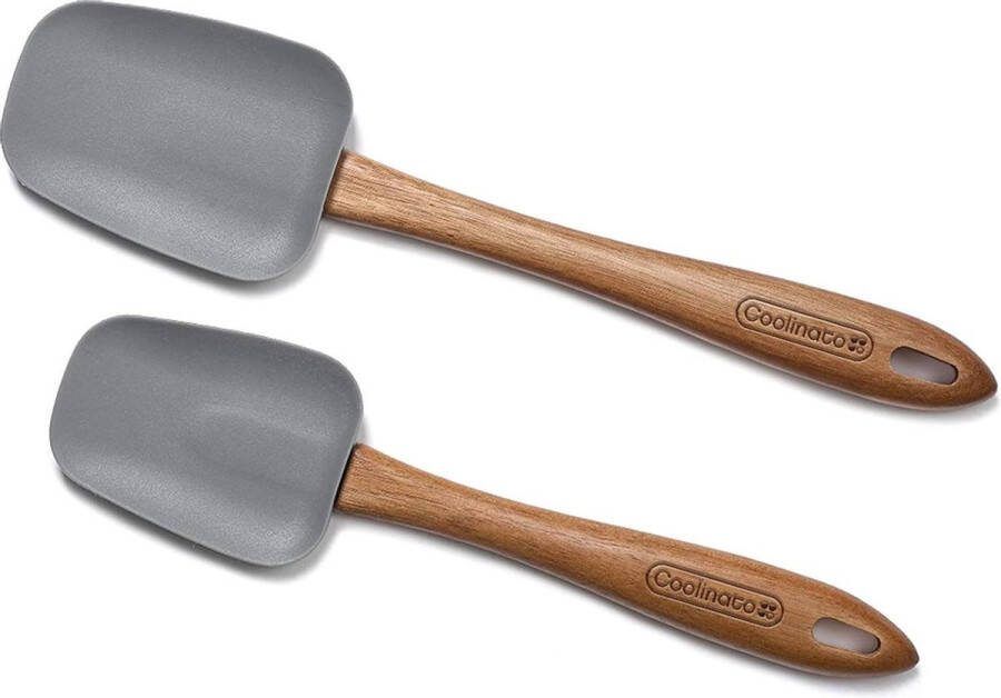 Coolinato set van 2 siliconen kooklepels 25 cm en 29 cm siliconen kop houten handvat acaciahout hittebestendig zacht voor gecoate pannen