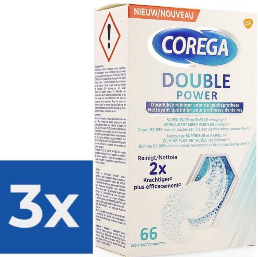 Corega double power reinigingstabletten 66st VOORDEELVERPAKKING 3 STUKS