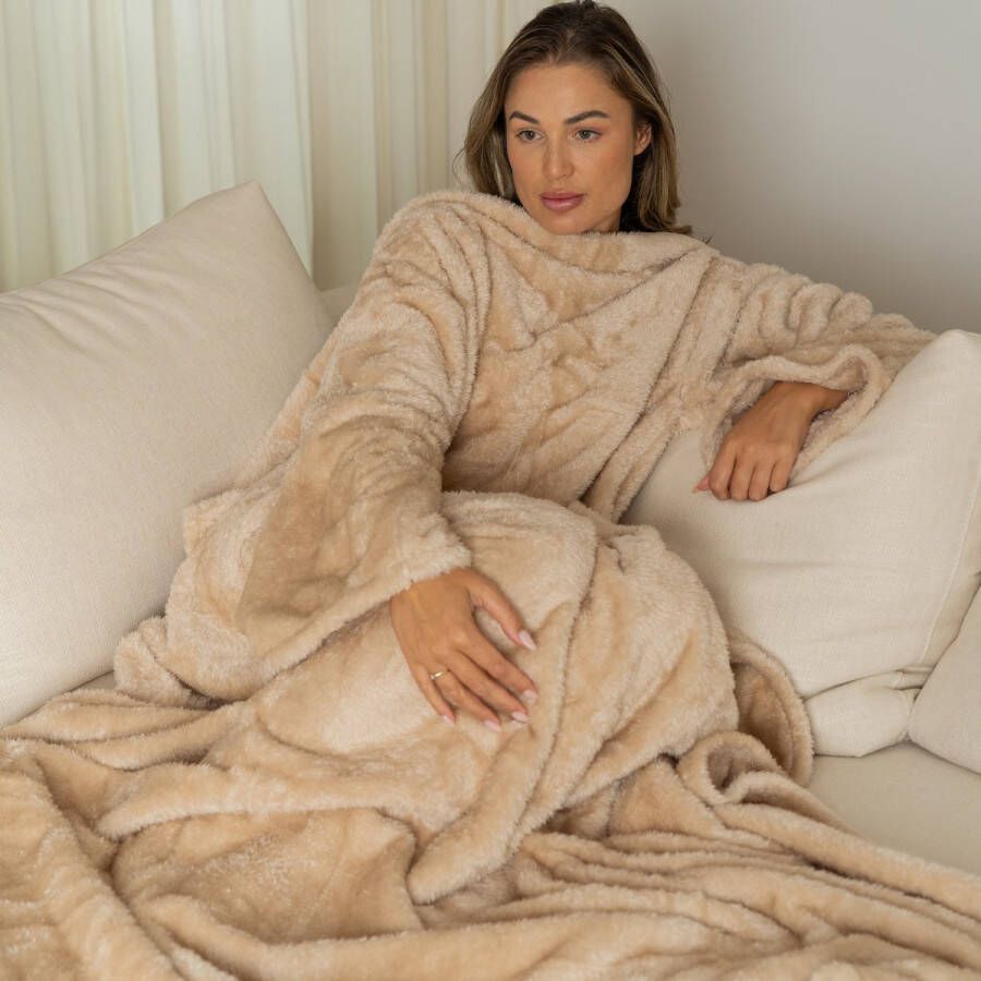 Cosas Snuggie Fleece Deken met Mouwen Hoodie Deken met Mouwen Snuggle Hoodie Blanket Snuggle Snuggie Hoodie Huggle Hoodie Snuggie Deken Plaid met Mouwen TV Deken Dames en Heren Volwassenen 180 x 130 cm – Beige