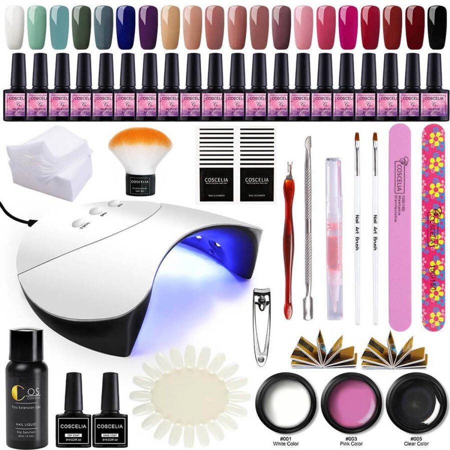 Coscelia Professional Gellak starterspakket 20 kleuren Polygel Buildergel Basecoat Topcoat Gellakset Nagelset Gelnagels Nagellak Poly extension kit UV lamp 36W LED Manicure set 20 kleuren gel polish Nagellamp Nagelboor Nageldroger
