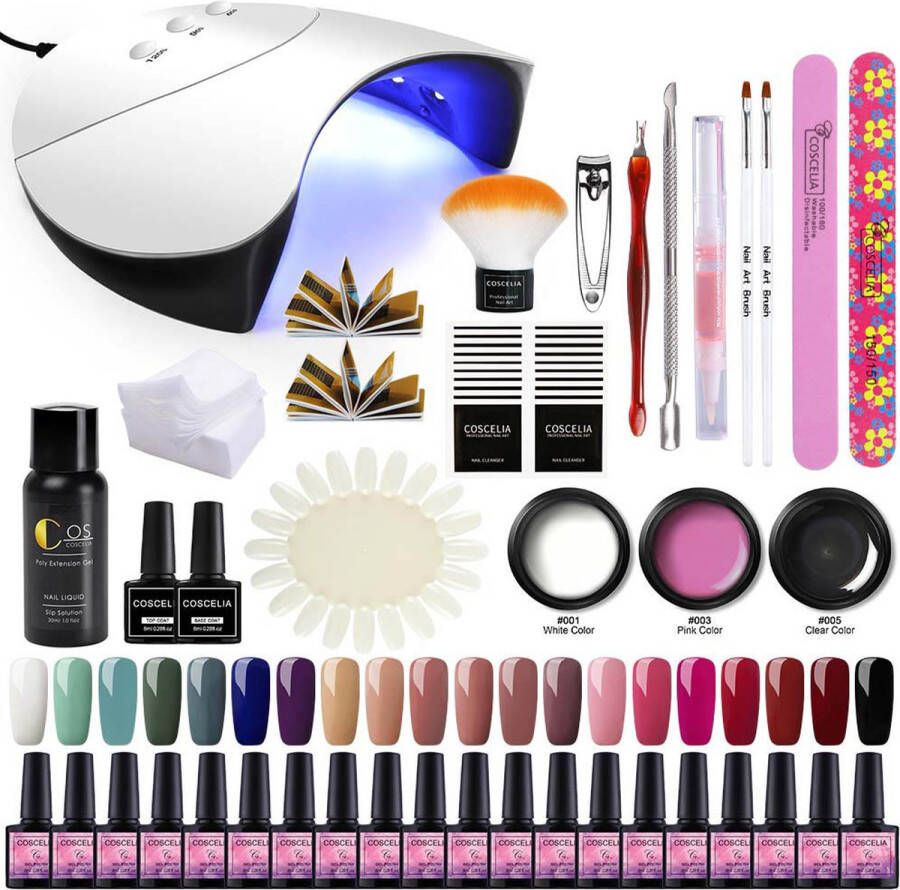 Coscelia Professional Gellak starterspakket 20 kleuren Polygel Buildergel Basecoat Topcoat Gellakset Nagelset Gelnagels Nagellak Poly extension kit UV lamp 36W LED Manicure set 20 kleuren gel polish Nagellamp Nagelboor Nageldroger