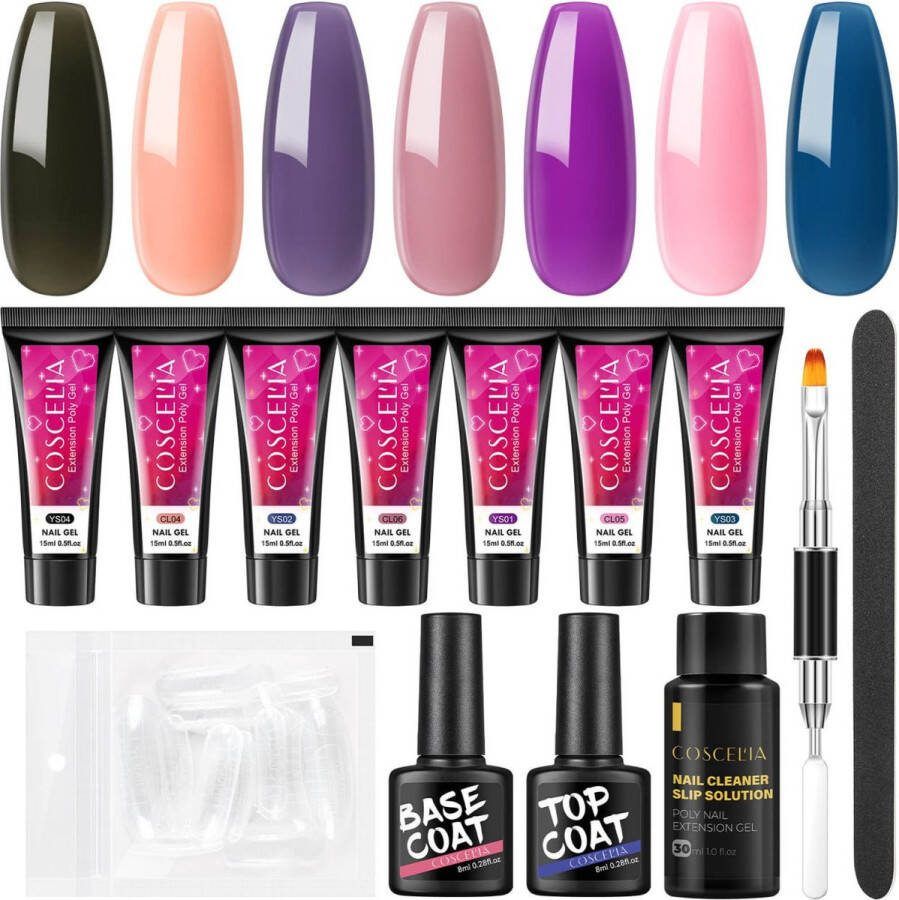Coscelia Professional Polygel Kit Polygel Set Nagelverlenging Polygel 7 kleuren Basecoat Topcoat Polygel nagels Kunstnagels Gel Polish Acryl gellak