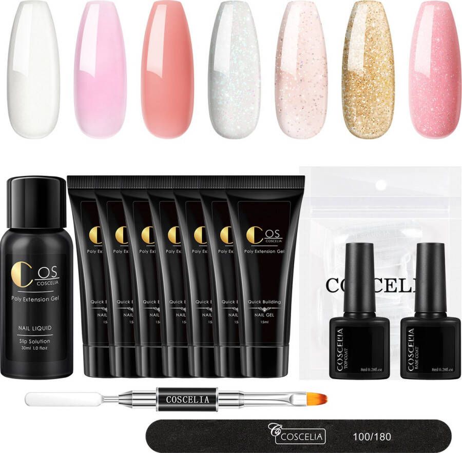 Coscelia Professional Polygel Kit Polygel Set Nagelverlenging Polygel 7 kleuren Basecoat Topcoat Polygel nagels Kunstnagels Gel Polish Acryl gellak