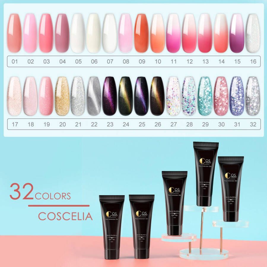 Coscelia Professional Polygel Nagelverlenging Polygel 32 kleuren Basecoat Topcoat Polygel nagels Kunstnagels Gel Polish Acryl gellak