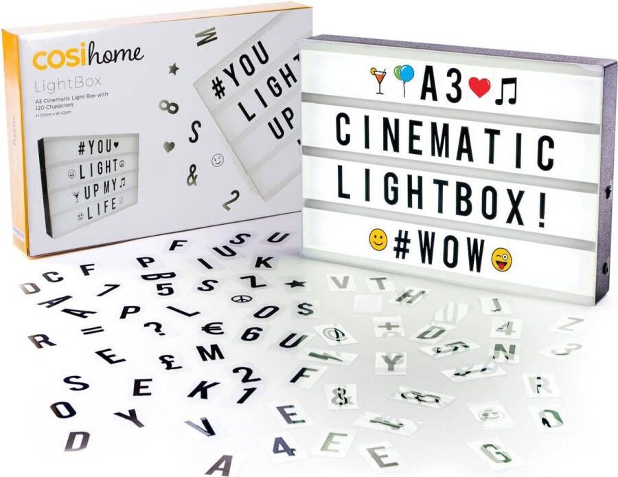 Cosi Lightbox A3 Letterbak met LED licht 120+ letters emoji's en smiley's Met USB-kabel of batterijen Cinema letterbox