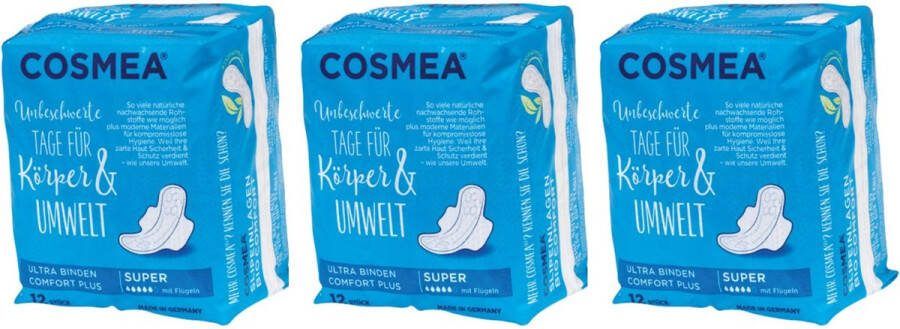 Cosmea 3 x 12 stuks ultra dun maandverband super met vleugels vegan multipack